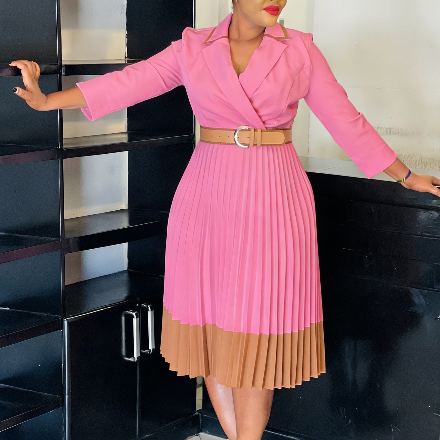 Women Clothing Winter Elegant Elegant Blazers Collar Color Matching Pleated Dress
